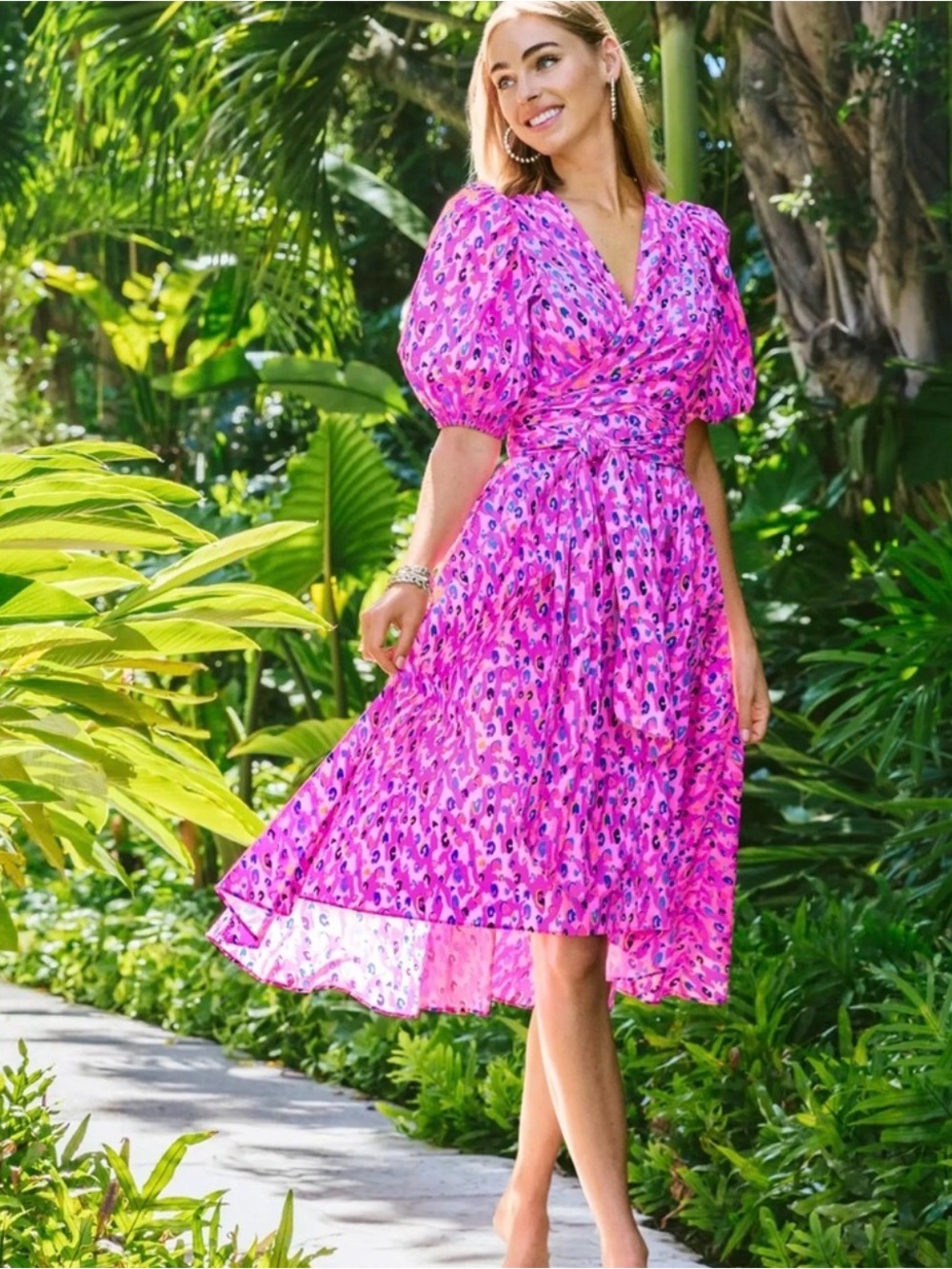 Lilly Pulitzer Juney Puff Sleeve Faux Wrap  High-Low Midi Dress Size 2 pockets